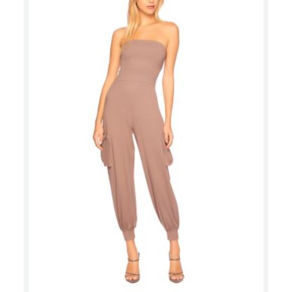Susana Monaco Tube Cargo Strapless Cuffed Ankle Jumpsuit Taupe L Utility Preppy - Picture 1 of 5